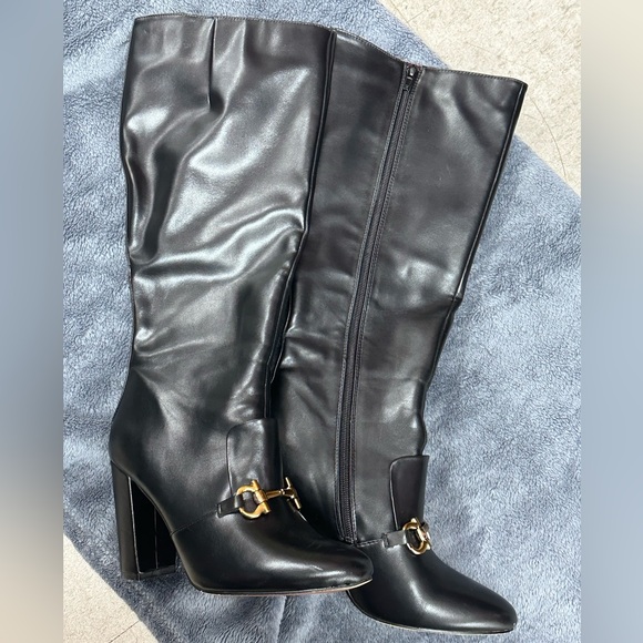 HORSEBIT BUCKLE KNEE HIGH BOOTS GOLD BUCKLE BLOCK HEEL BOOTS FAUX LEATHER VEGAN - Picture 14 of 16